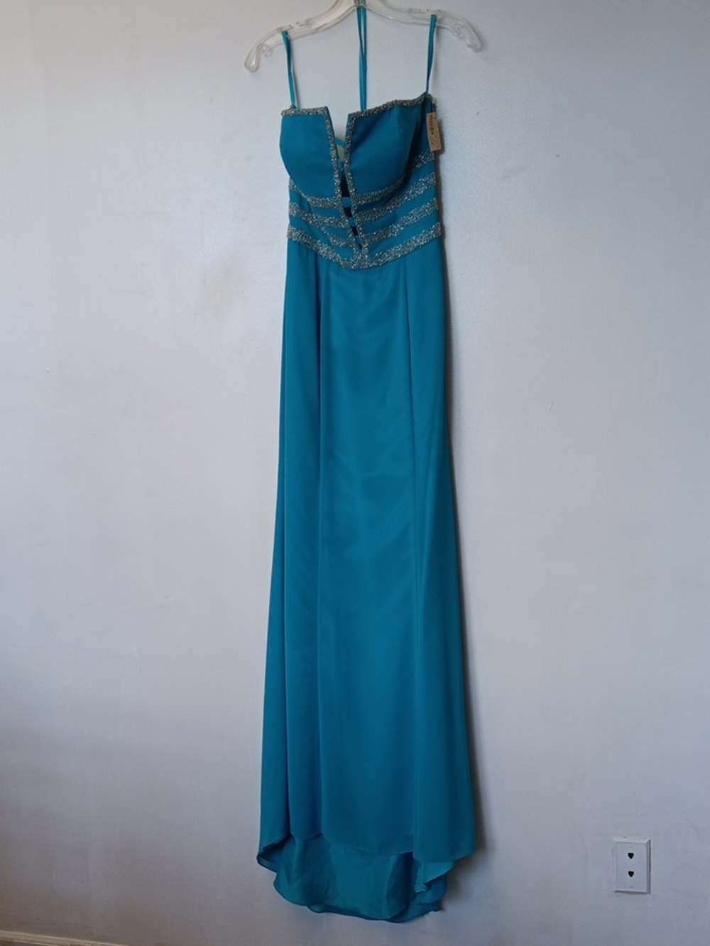 Party Time Formals Teal Beaded Spaghetti-Strap Prom Gown